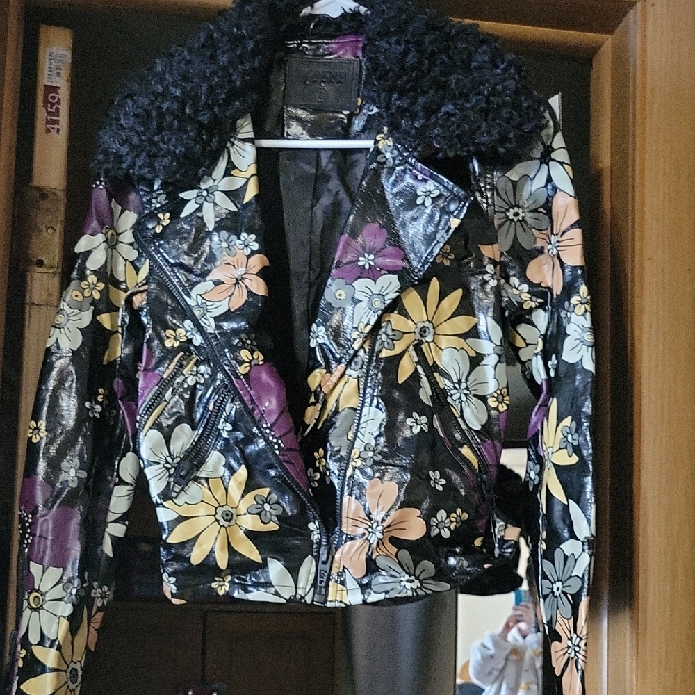 Blank NYC Floral Leather Jacket with Black Fur Collar